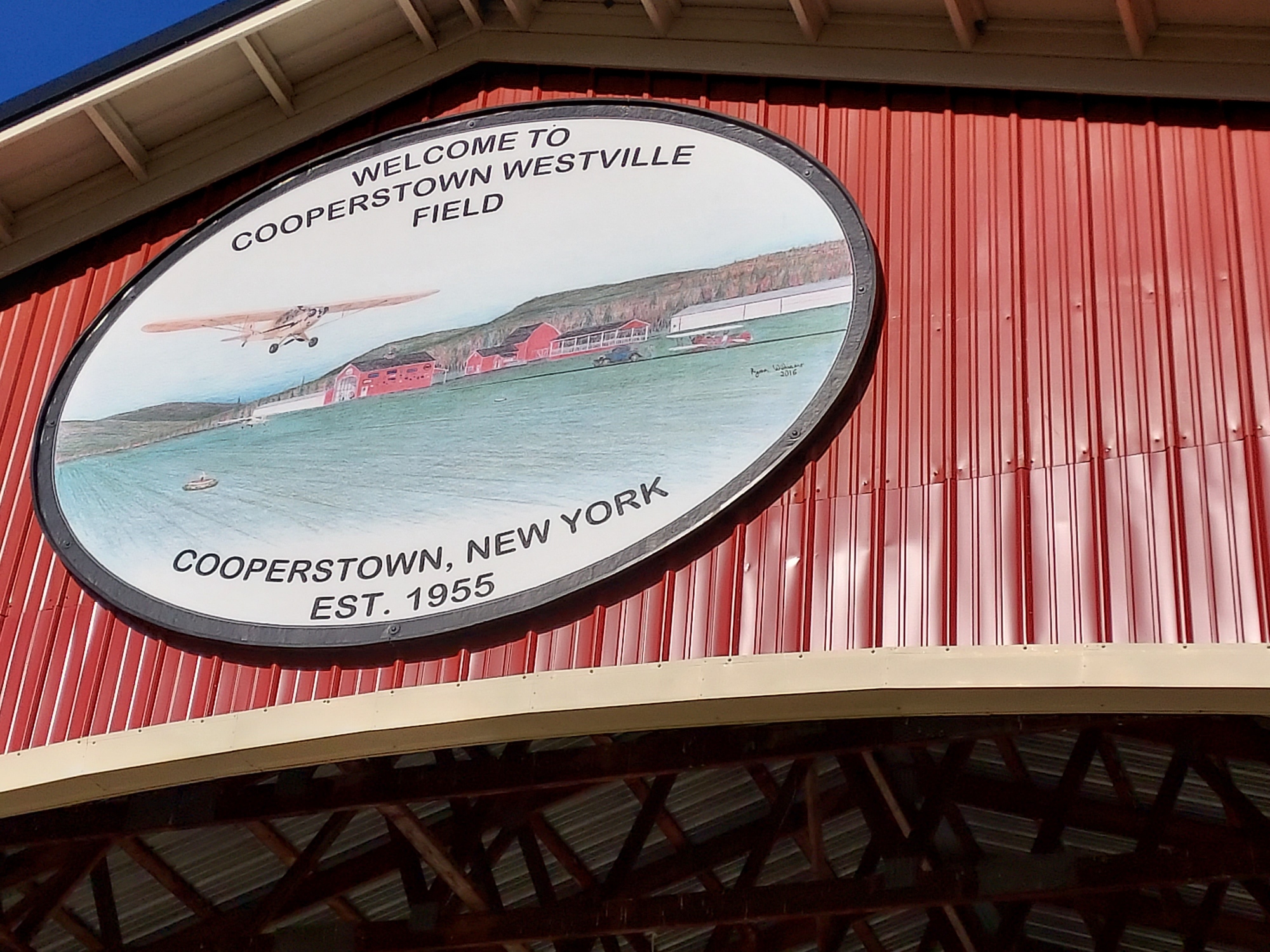 Welcome to Cooperstown Westville Field sign on hangar