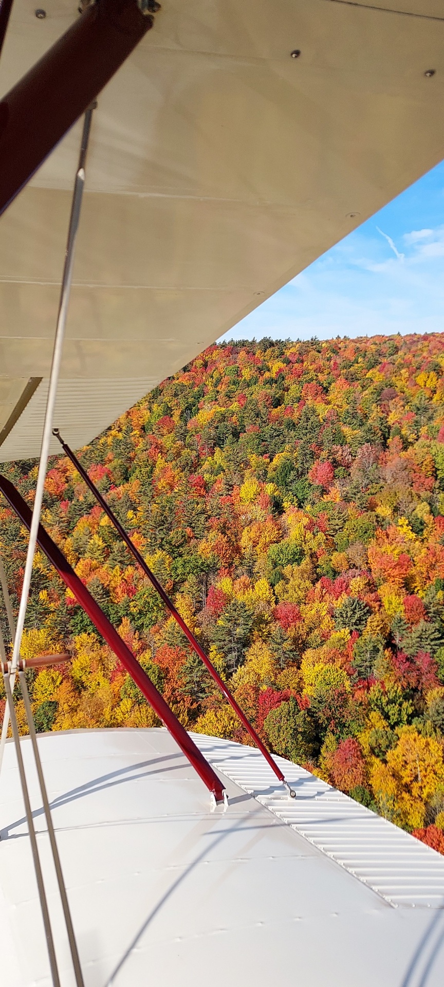Fall foliage from biplane wing over Cooperstown hills