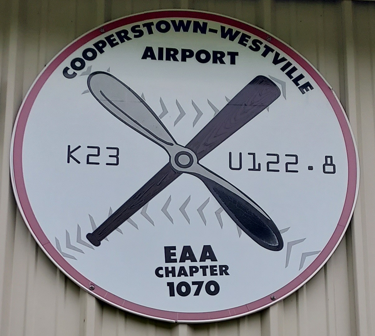 Cooperstown-Westville Airport sign with propeller logo, K23 and EAA Chapter 1070