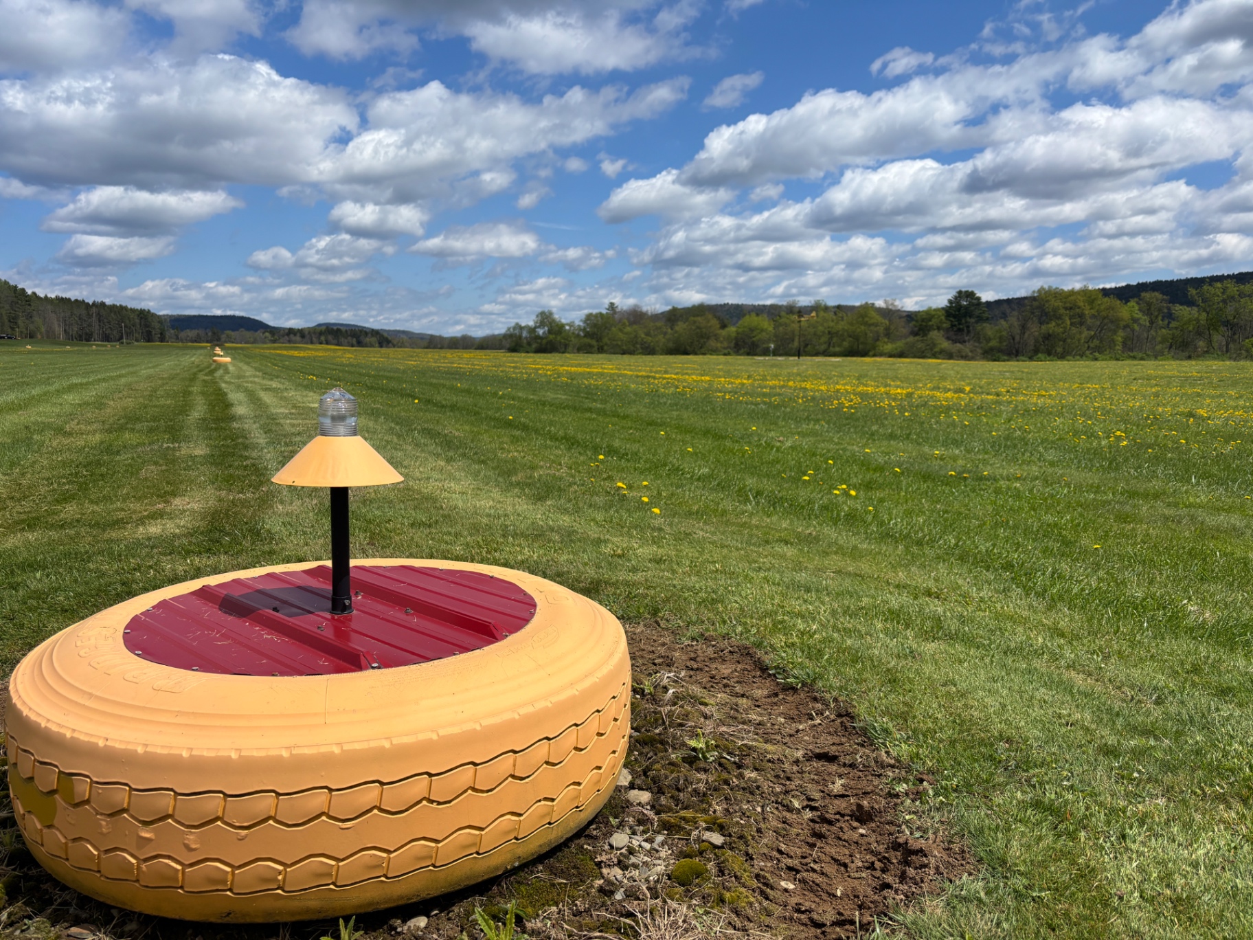 Runway edge light marker looking down the grass-strip with wildflowers